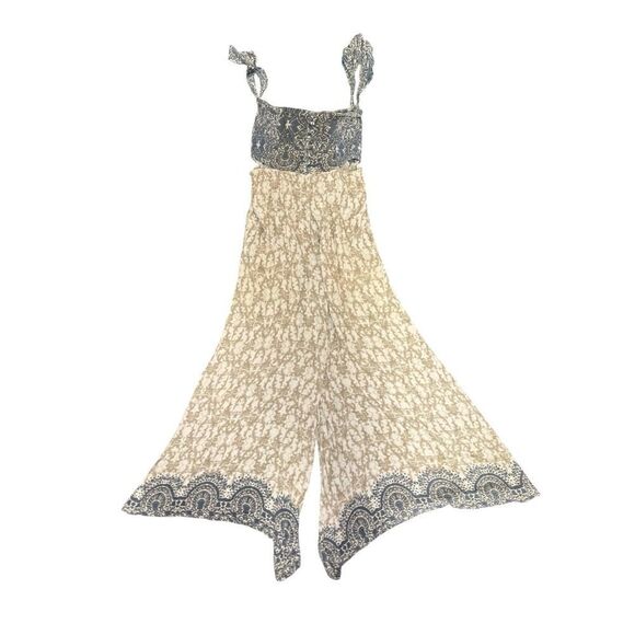 Free People Boho Smocked Wide-Leg Jumpsuit XS Blue Beige Floral Tie Straps - Picture 5 of 11